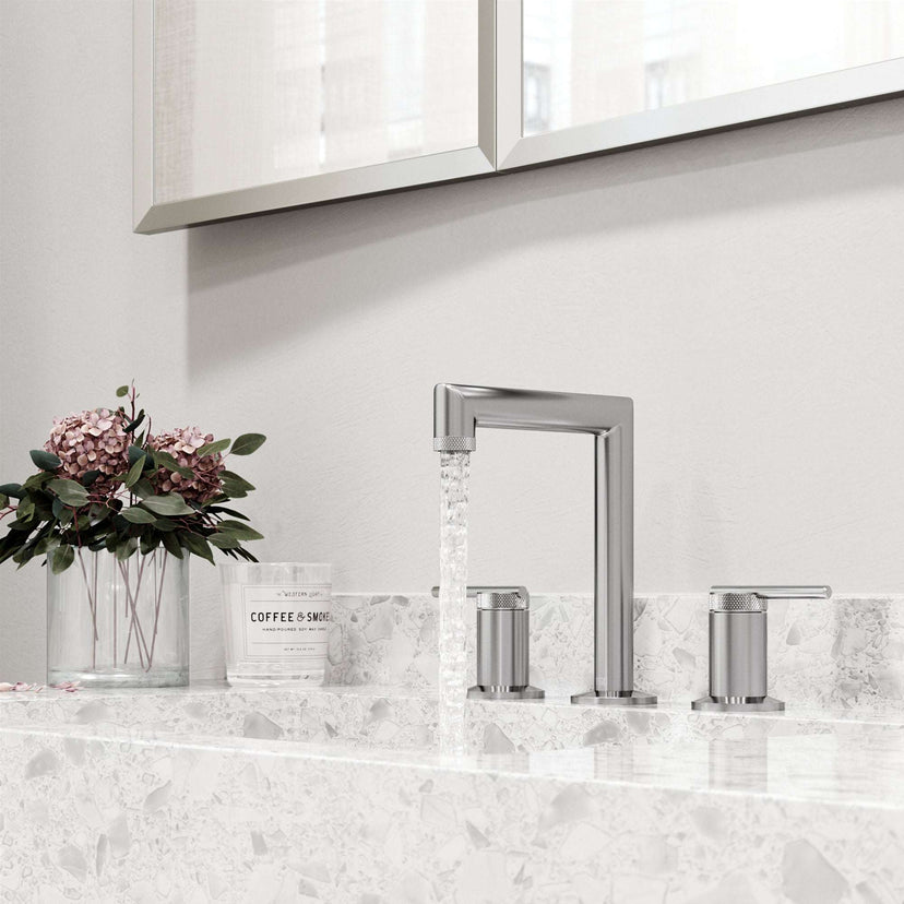 Mid arc spout faucet in brushed nickel with included mounting hardware and supply lines