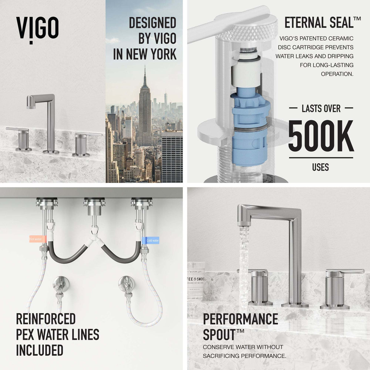 Contemporary 3-hole faucet featuring brushed nickel finish and hot/cold indicators