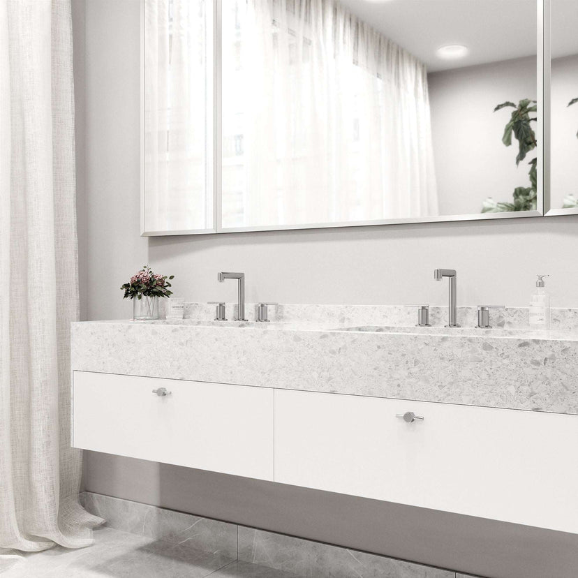 7-inch tall modern faucet with ceramic disk valve and included installation components