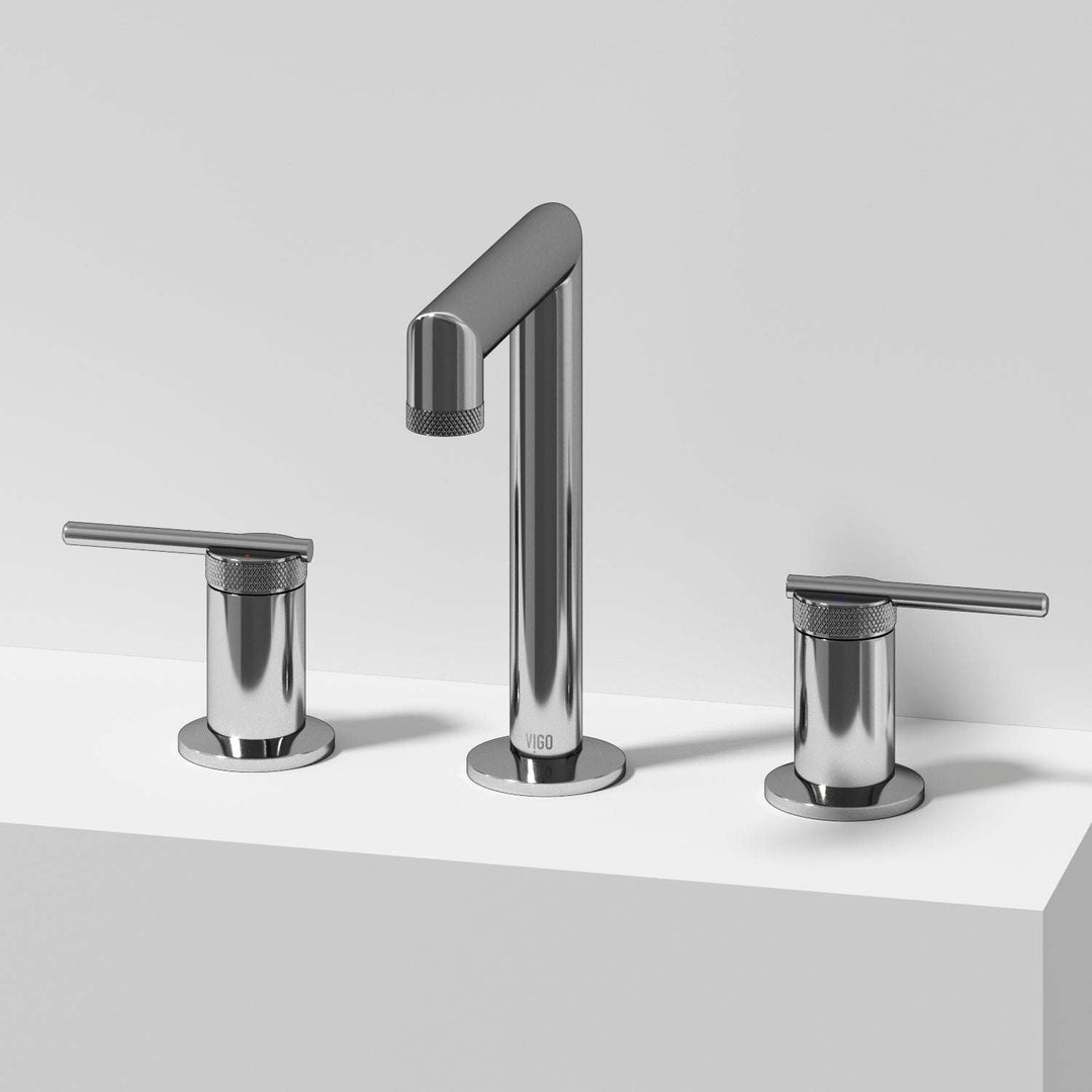 Chrome widespread bathroom faucet with lever handles and mid arc spout