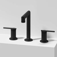 Matte Black widespread bathroom faucet with lever handles and mid arc spout