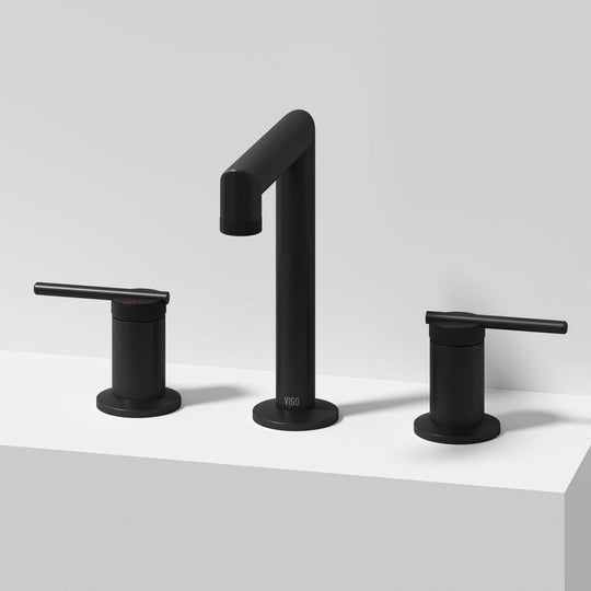 Matte Black widespread bathroom faucet with lever handles and mid arc spout