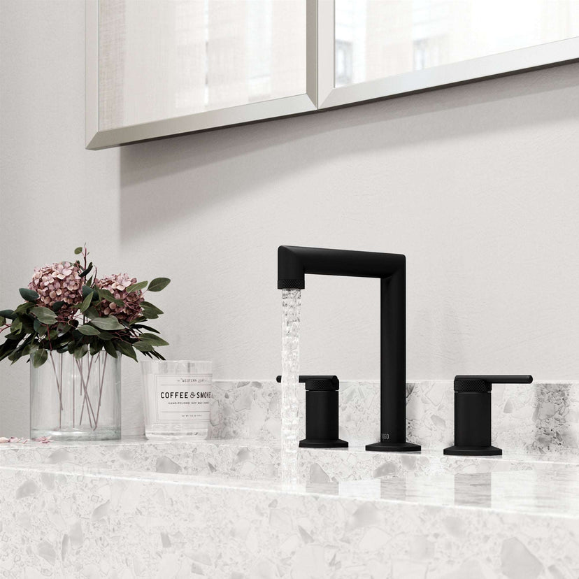 Mid arc spout faucet in matte black with included mounting hardware and supply lines