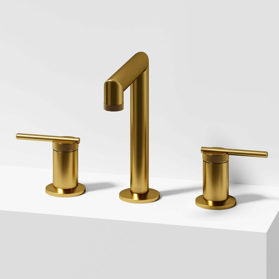 Matte Brushed Gold widespread bathroom faucet with lever handles and mid arc spout