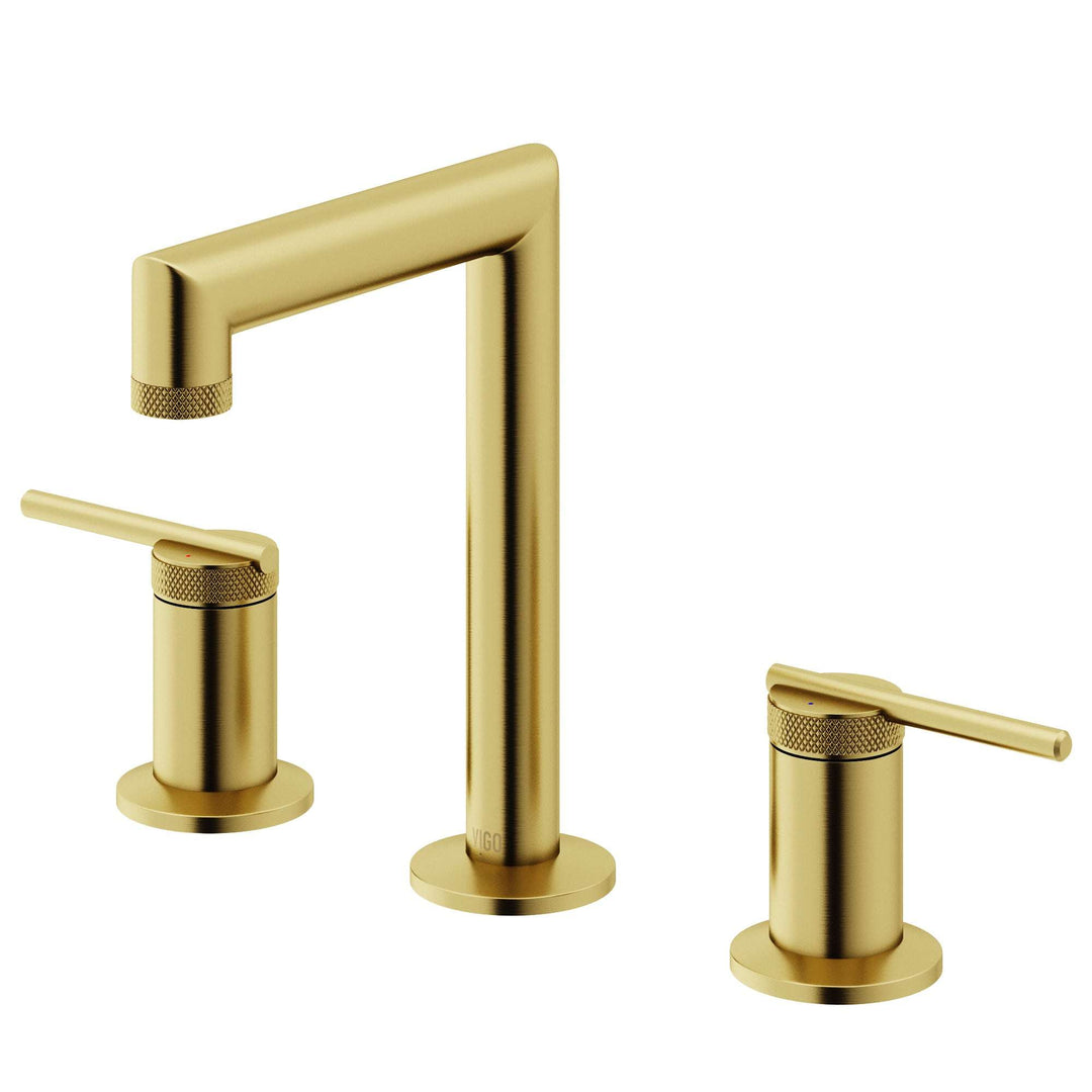 Modern 3-hole faucet in matte brushed gold with ceramic disc valve and low flow design