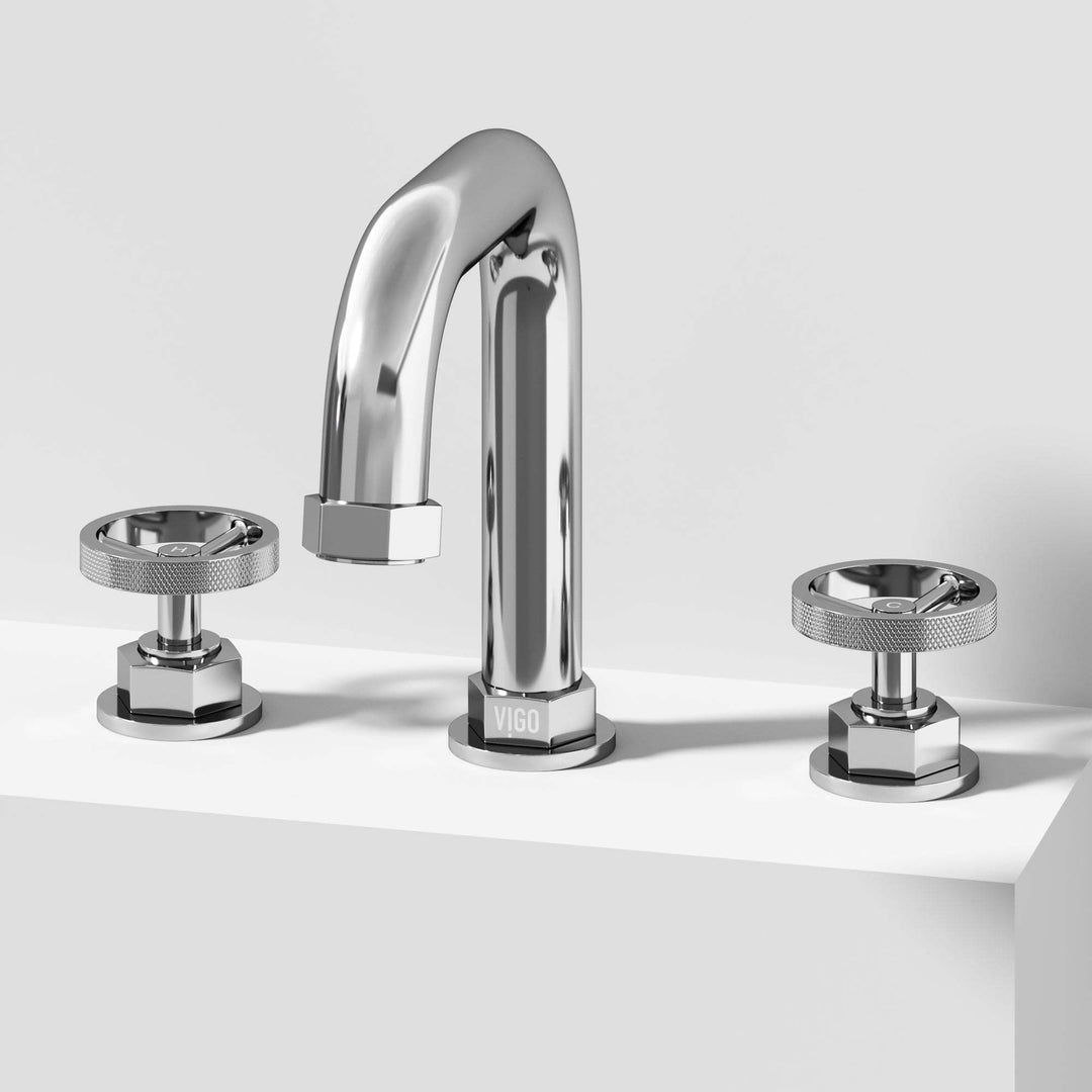 Chrome widespread bathroom faucet with high arc spout and ceramic disc valve