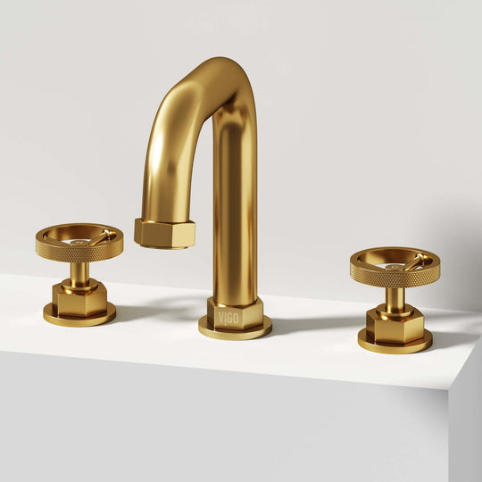 Matte brushed gold widespread bathroom faucet with high arc spout and ceramic disc valve