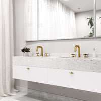 Contemporary widespread faucet with hot/cold indicators and waterfall flow