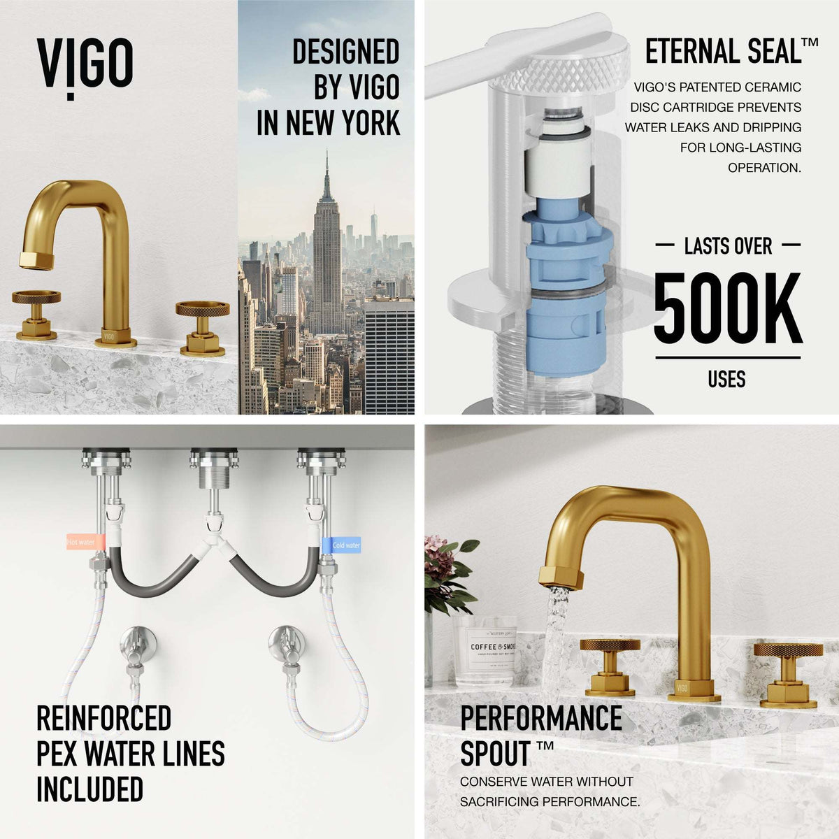 3-hole bathroom faucet with ceramic disk valve and matte brushed gold finish