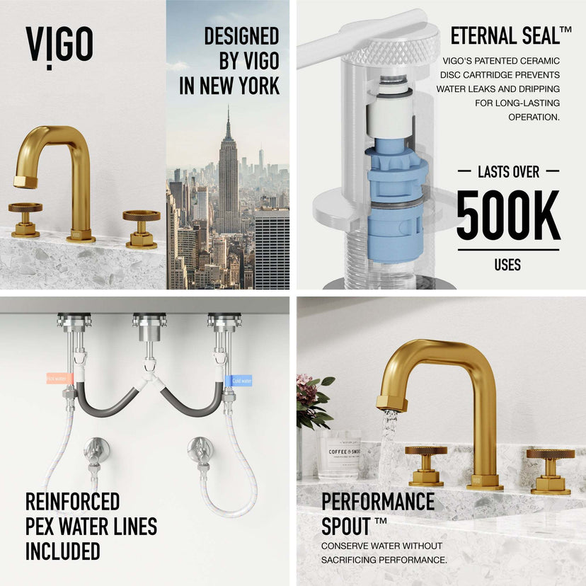 3-hole bathroom faucet with ceramic disk valve and matte brushed gold finish