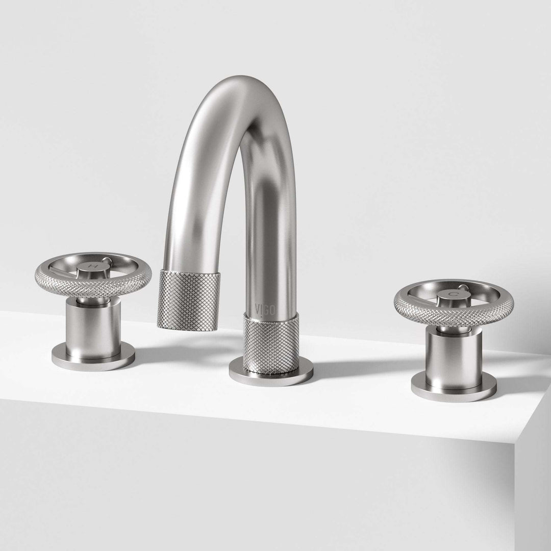 Brushed nickel widespread bathroom faucet with high arc spout and ceramic disc valve