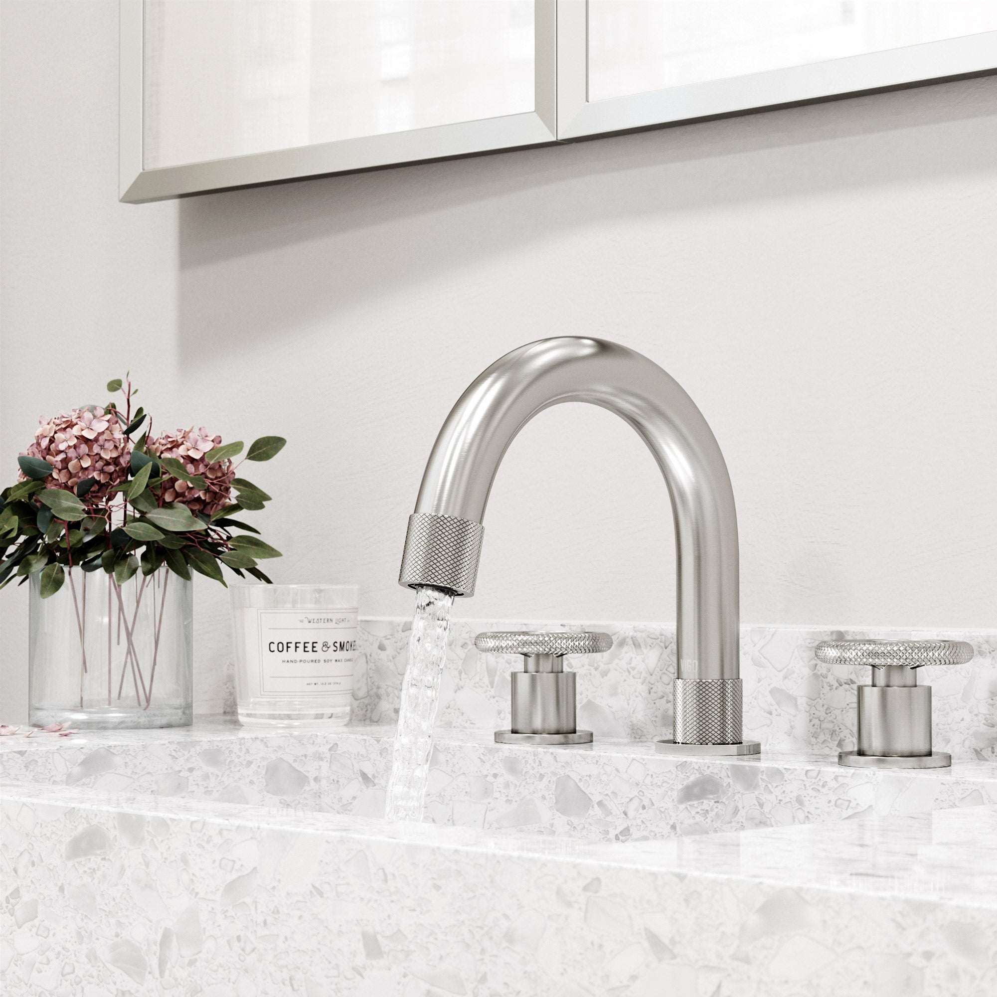 Modern/contemporary 3-hole faucet with high arc spout and low flow design