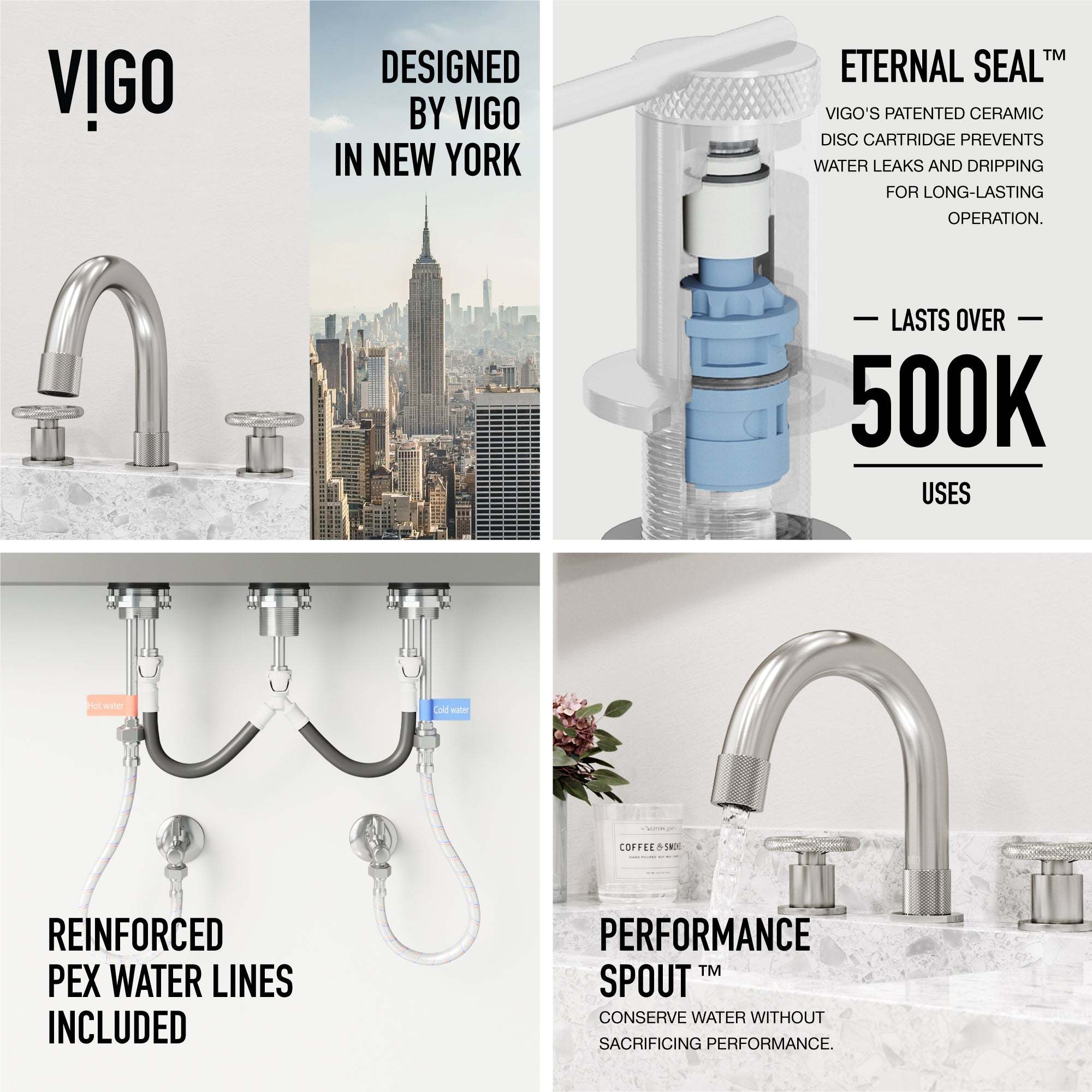 3-hole deck mounted faucet with ceramic disk valve and included installation components