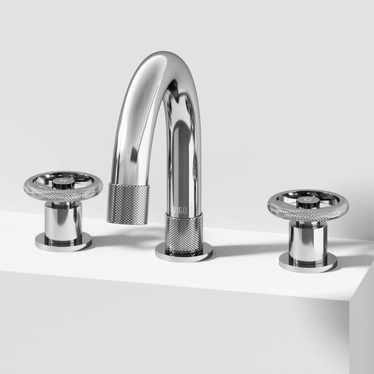Chrome widespread bathroom faucet with high arc spout and ceramic disc valve