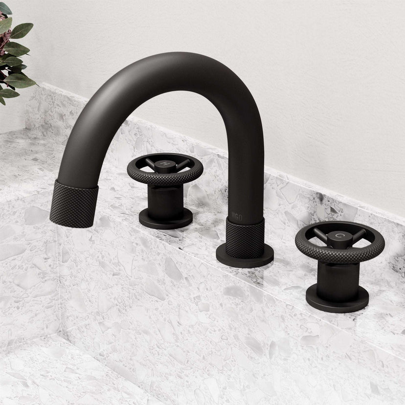 Easy to install widespread faucet with ceramic disc cartridge and matte black finish