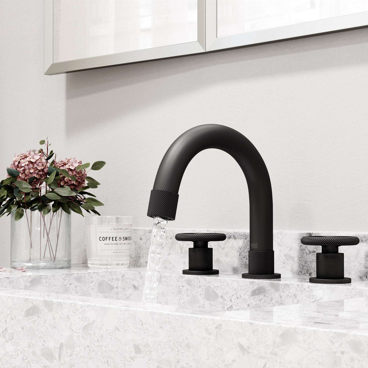 Modern/contemporary 3-hole faucet with high arc spout and low flow design