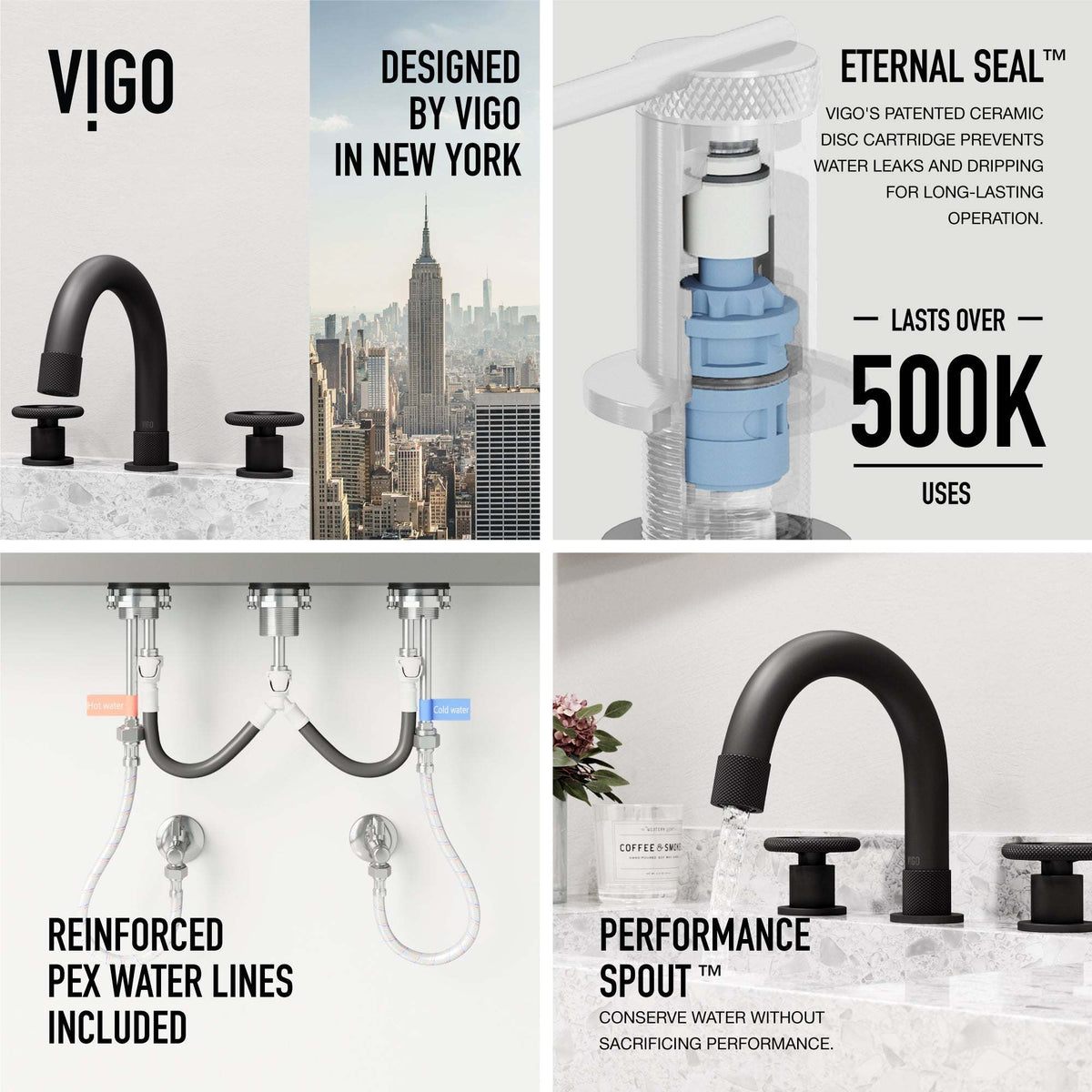 3-hole deck mounted faucet with ceramic disk valve and included installation components