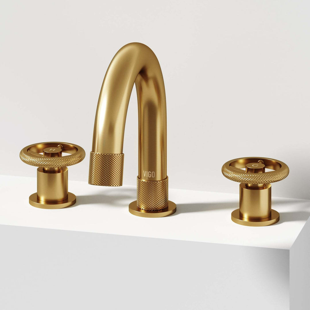 Matte brushed gold widespread bathroom faucet with high arc spout and ceramic disc valve