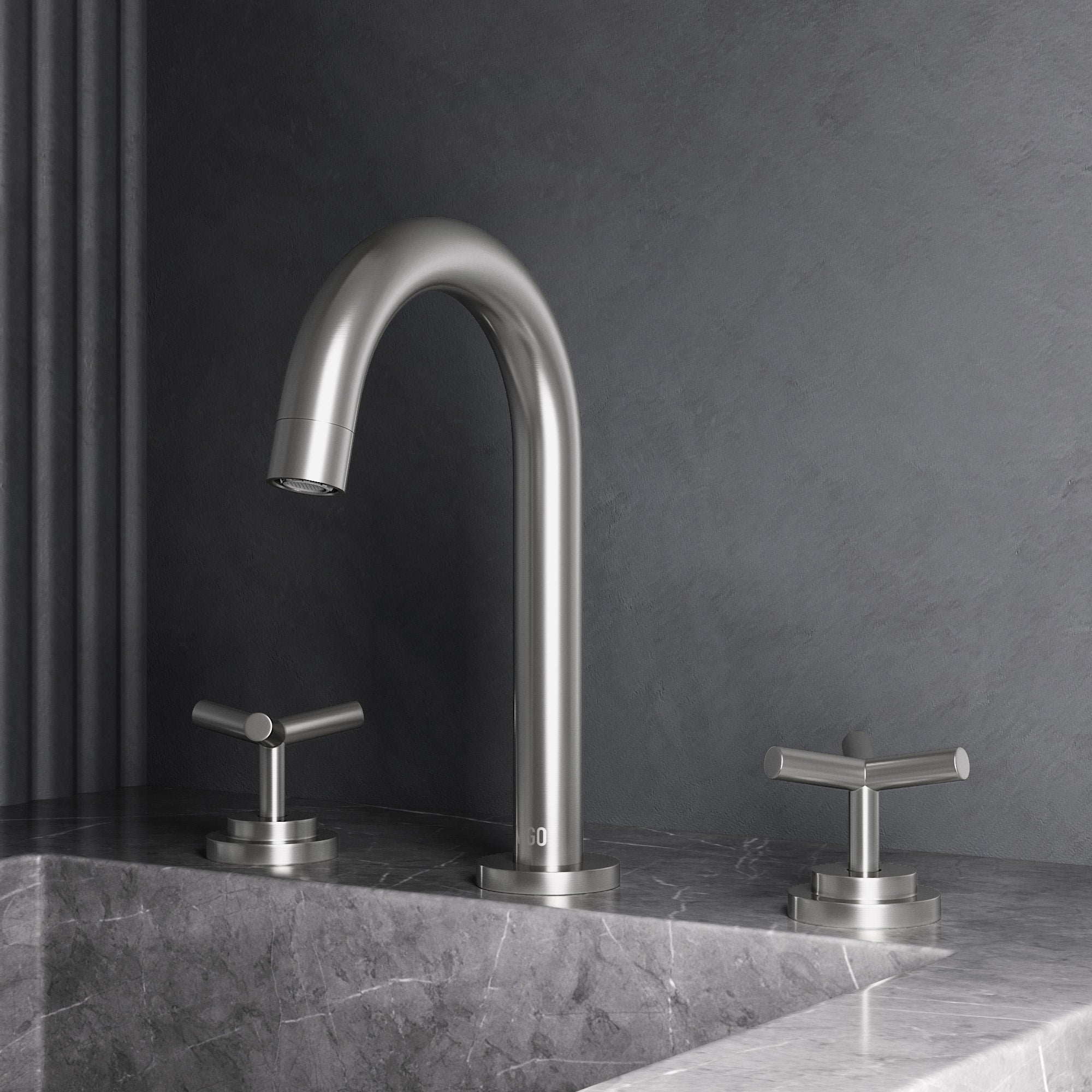 Brushed Nickel widespread bathroom faucet with high arc spout and ceramic disc valve