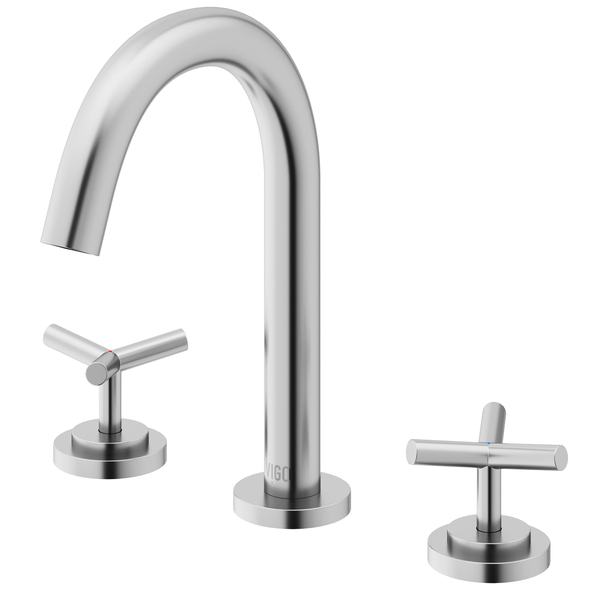Drip free widespread faucet with hot/cold indicators and brushed nickel design