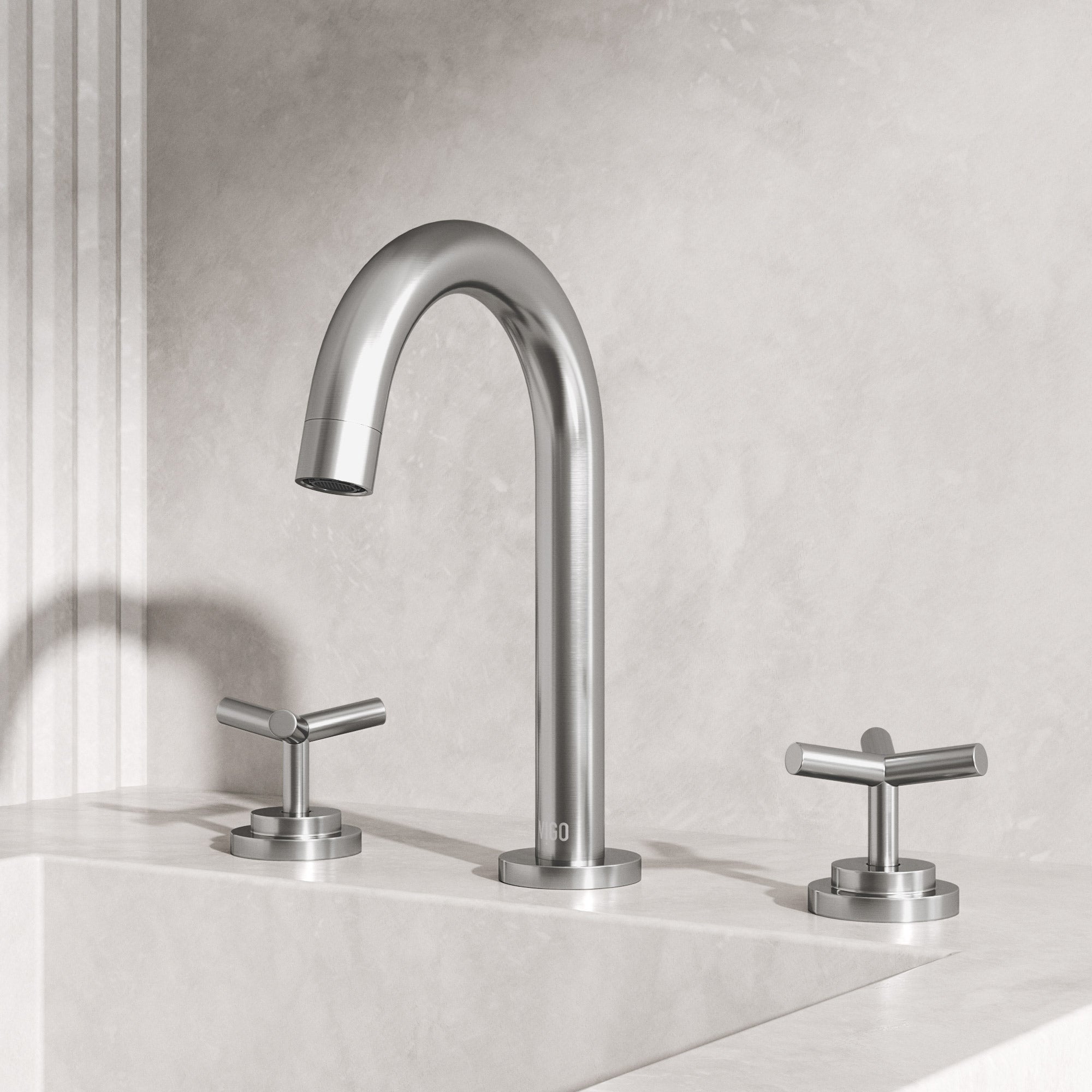 Modern 3-hole deck mounted faucet in brushed nickel with low flow and drip free design