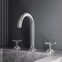 Chrome widespread bathroom faucet with high arc spout and ceramic disc valve