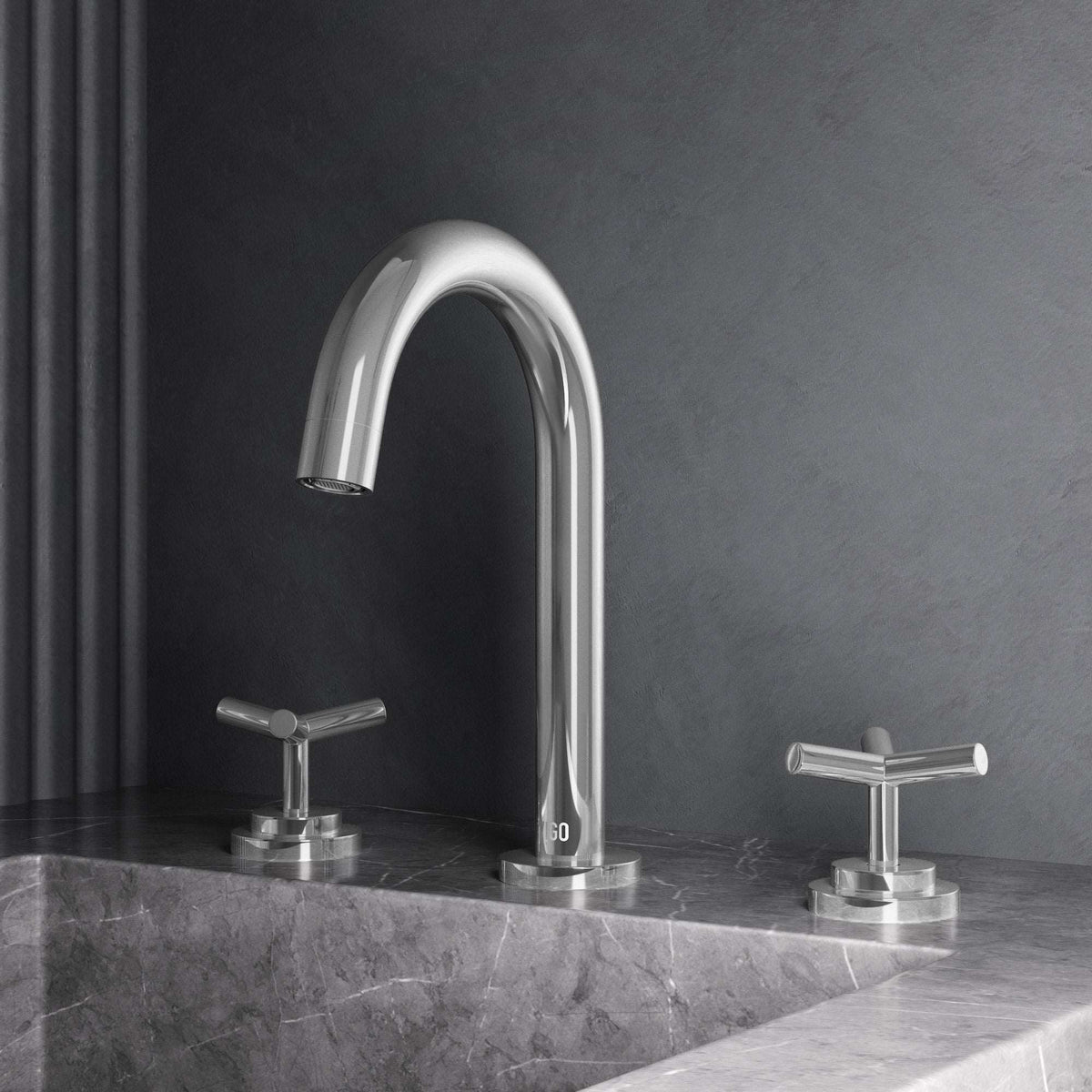 Chrome widespread bathroom faucet with high arc spout and ceramic disc valve