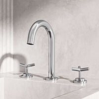 Modern 3-hole deck mounted faucet in chrome with low flow and drip free design