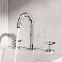 Brass construction widespread faucet with knob handles and corrosion resistant finish
