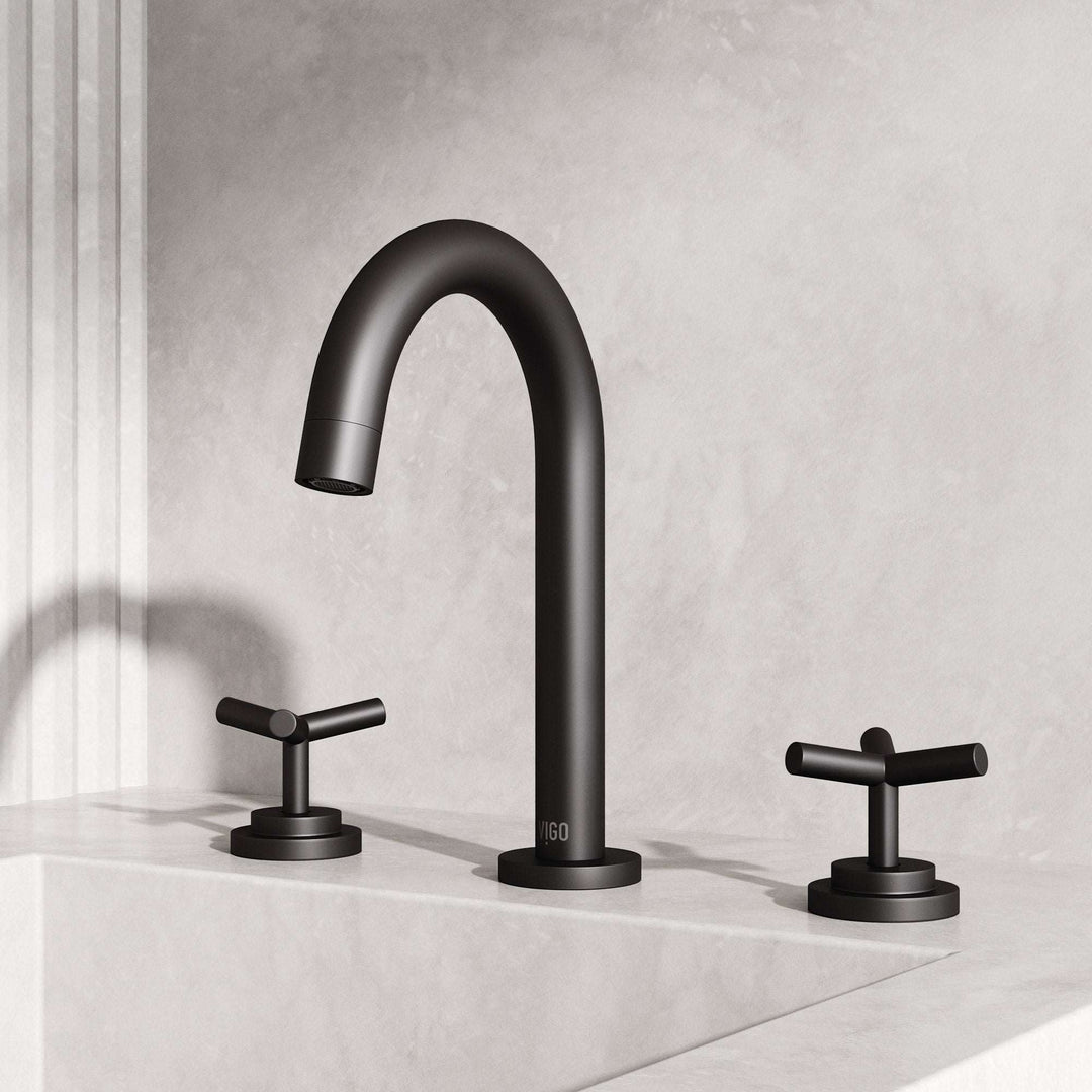 Matte Black widespread bathroom faucet with high arc spout and ceramic disc valve