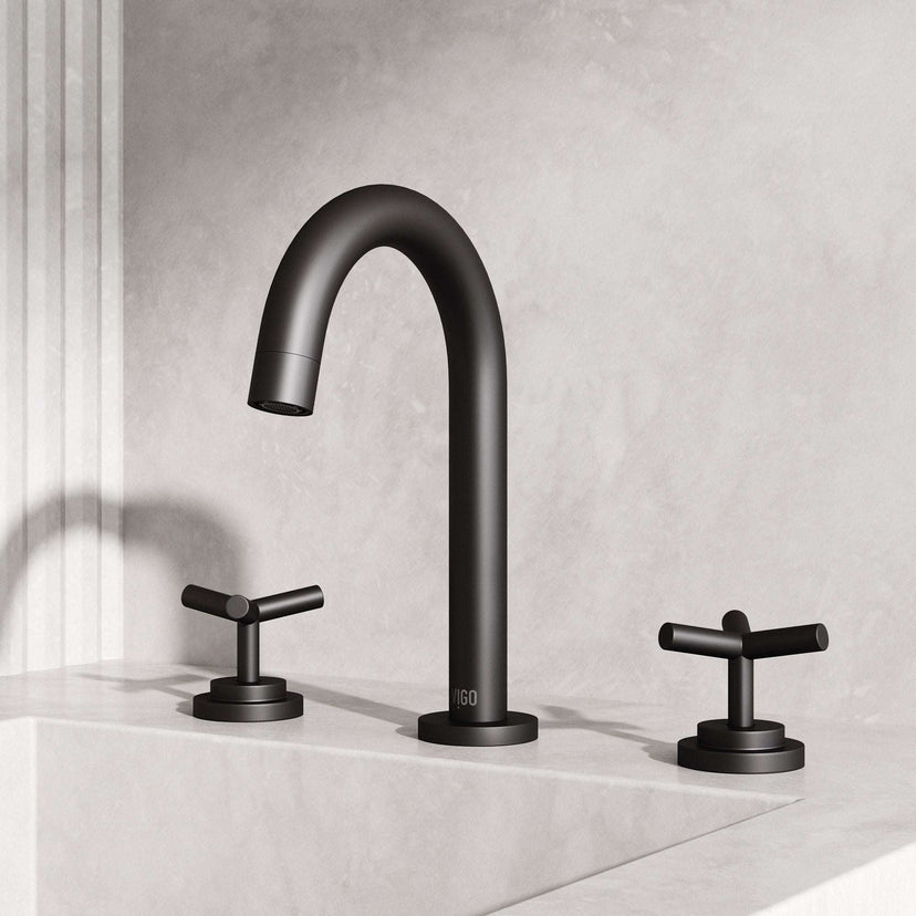 Matte Black widespread bathroom faucet with high arc spout and ceramic disc valve