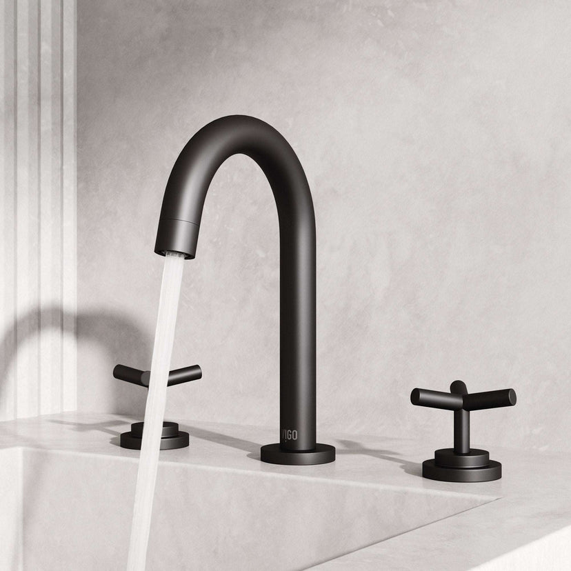 Modern 3-hole deck mounted faucet in matte black with low flow and drip free design