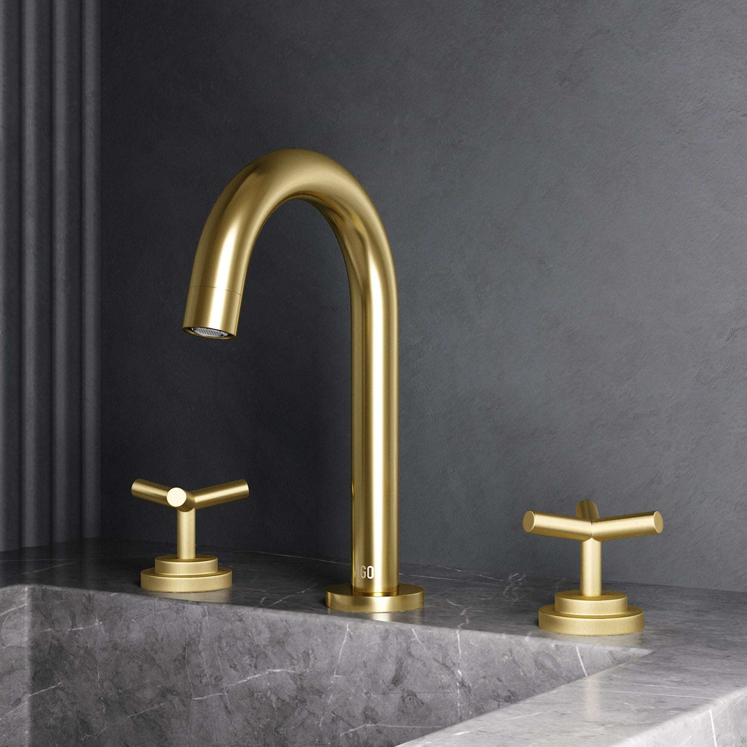 Matte Brushed Gold widespread bathroom faucet with high arc spout and ceramic disc valve