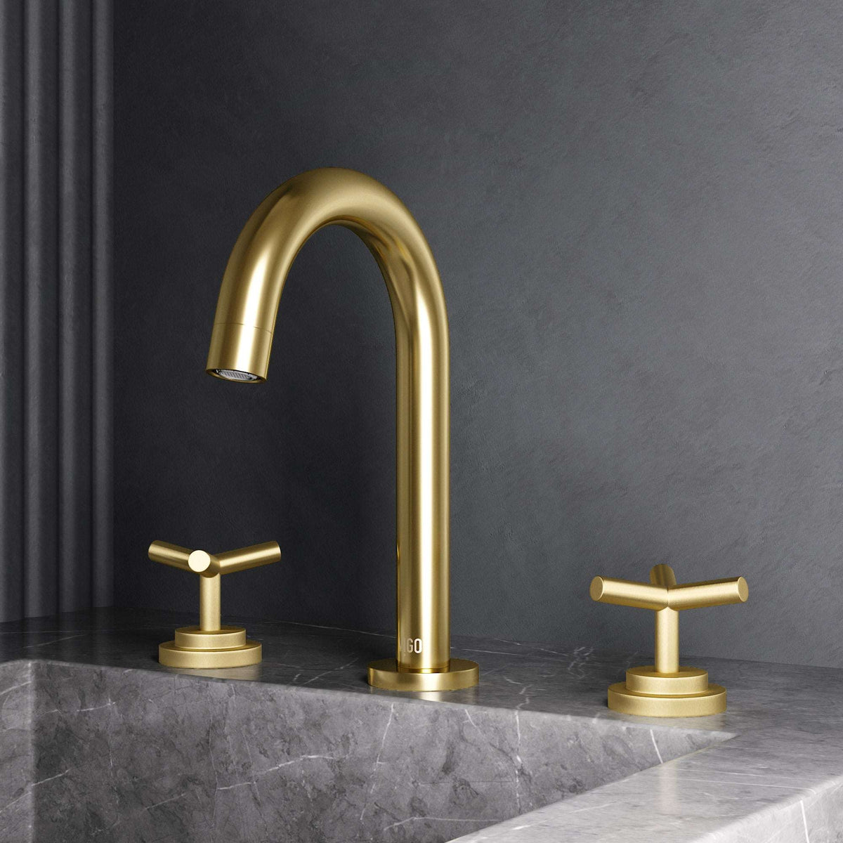 Matte Brushed Gold widespread bathroom faucet with high arc spout and ceramic disc valve