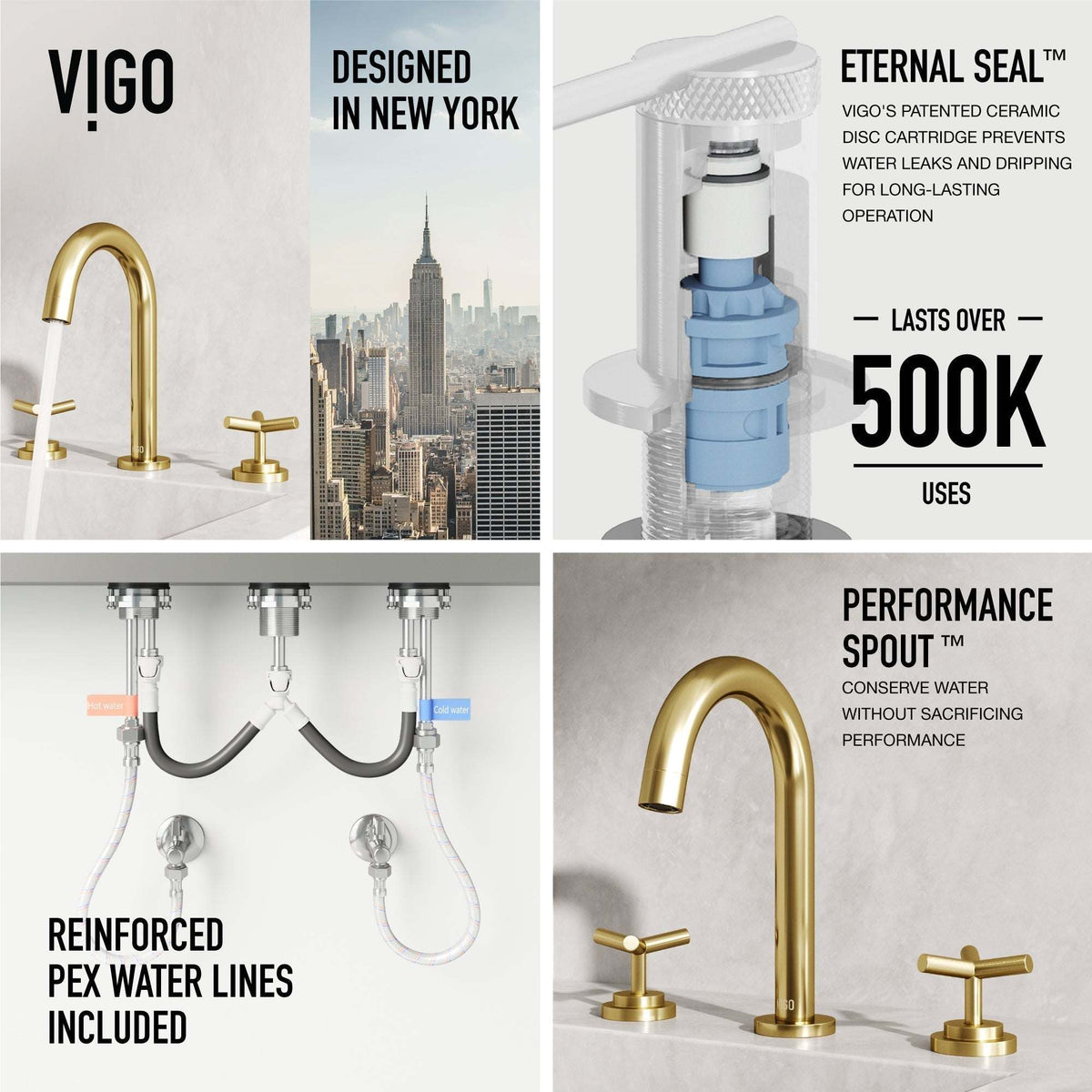 Ceramic disc cartridge faucet with low lead and hot/cold indicators in matte brushed gold