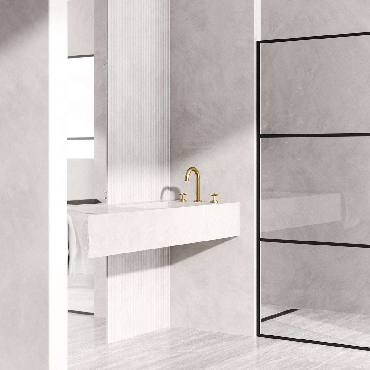 Widespread bathroom faucet featuring waterfall flow and matte brushed gold finish