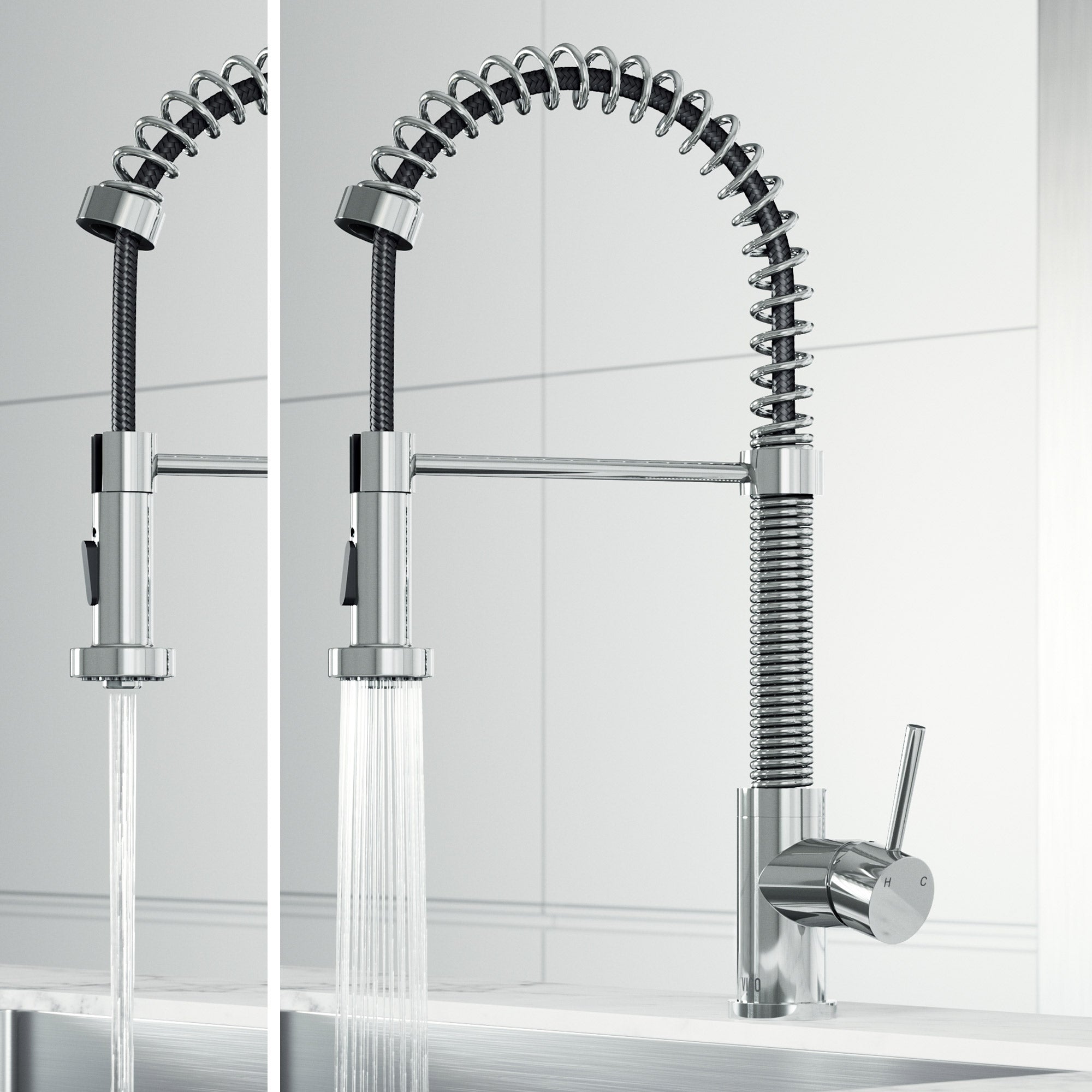 Modern chrome kitchen faucet featuring 360-degree swivel spout and docking station