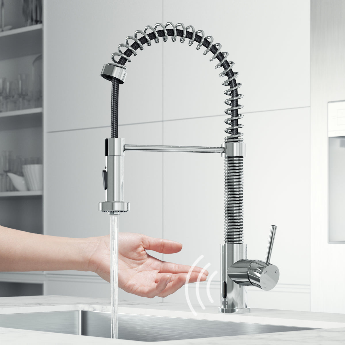 Chrome pull-down kitchen faucet with high-arc gooseneck spout and touchless sensor