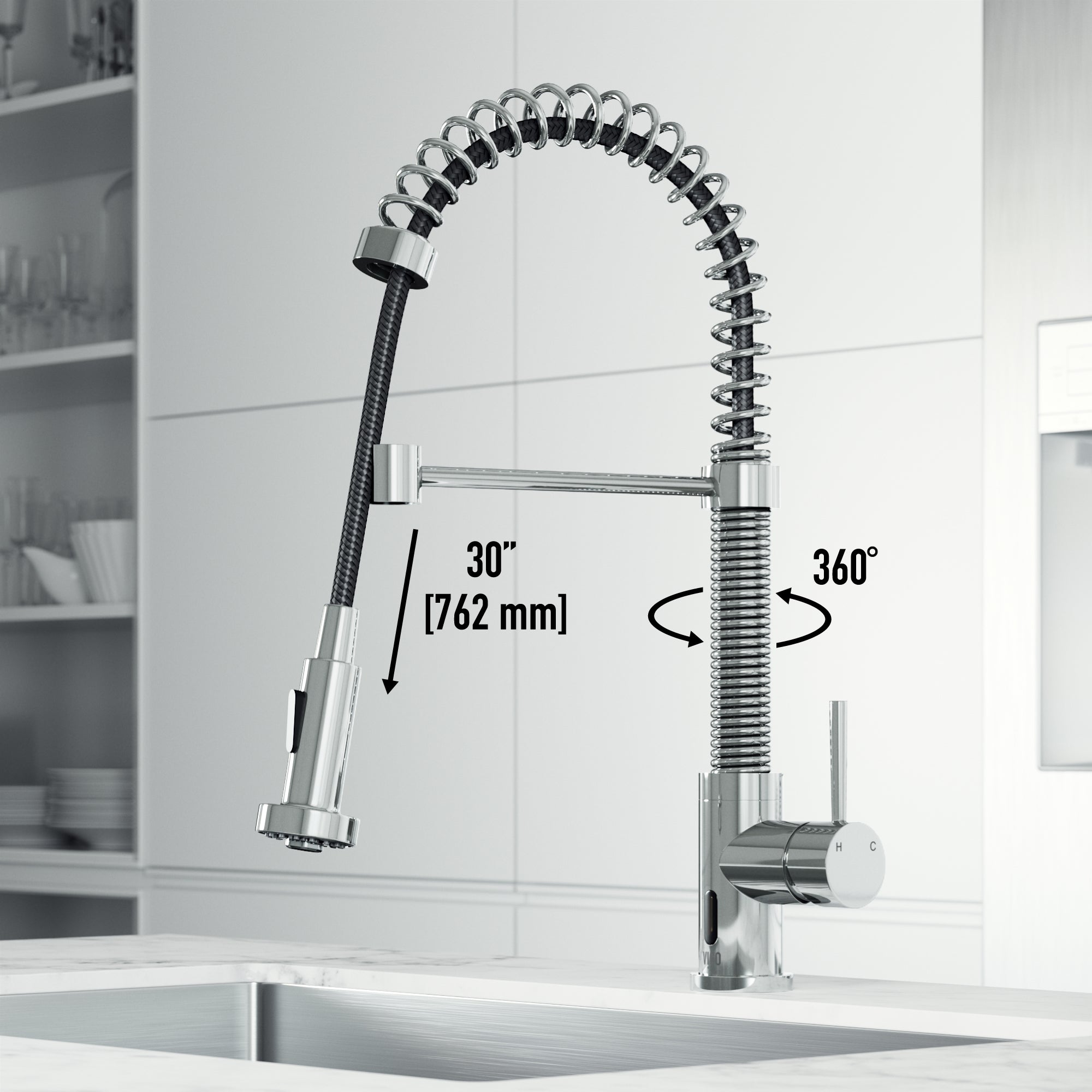 Contemporary kitchen faucet with 19-inch assembled height and swivel spout