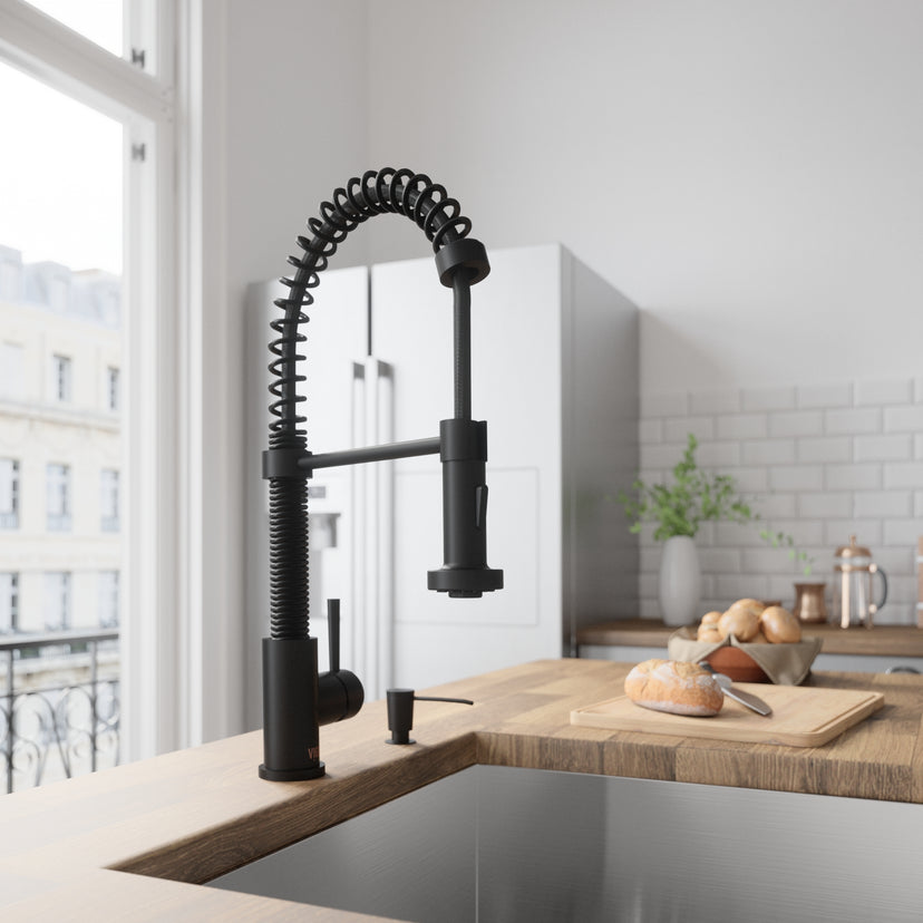 Edison Single Handle Pull-Down Sprayer Kitchen Faucet Set with Soap Dispenser in Matte Black