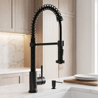 Edison Single Handle Pull-Down Sprayer Kitchen Faucet Set with Soap Dispenser in Matte Black