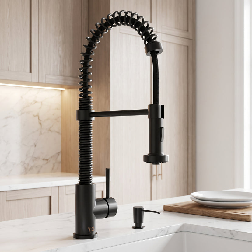 Edison Single Handle Pull-Down Sprayer Kitchen Faucet Set with Soap Dispenser in Matte Black