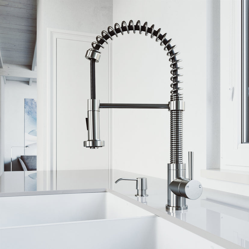 Edison Single Handle Pull-Down Sprayer Kitchen Faucet Set with Soap Dispenser in Stainless Steel