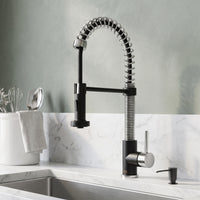 Edison Single Handle Pull-Down Sprayer Kitchen Faucet Set with Soap Dispenser in Stainless Steel and Matte Black
