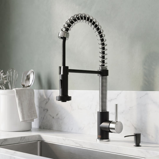 Edison Single Handle Pull-Down Sprayer Kitchen Faucet Set with Soap Dispenser in Stainless Steel and Matte Black