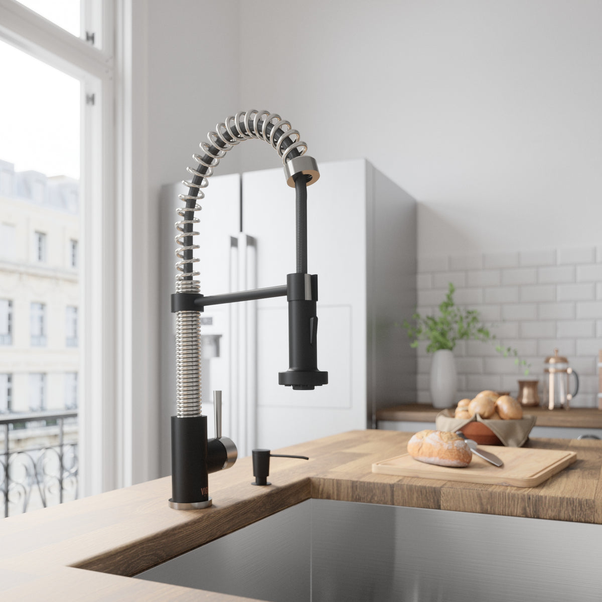Edison Single Handle Pull-Down Sprayer Kitchen Faucet Set with Soap Dispenser in Stainless Steel and Matte Black