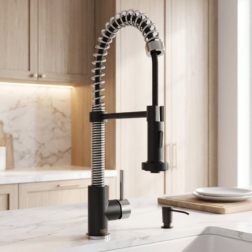 Edison Single Handle Pull-Down Sprayer Kitchen Faucet Set with Soap Dispenser in Stainless Steel and Matte Black