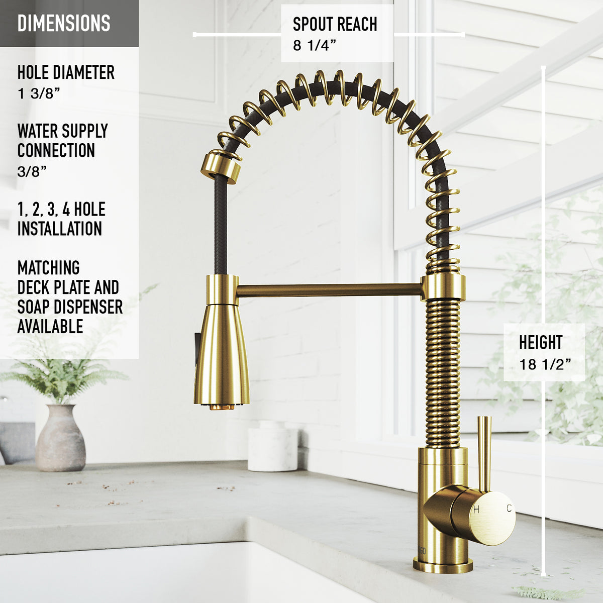 Modern deck-mounted kitchen faucet in matte brushed gold with 360-degree swivel