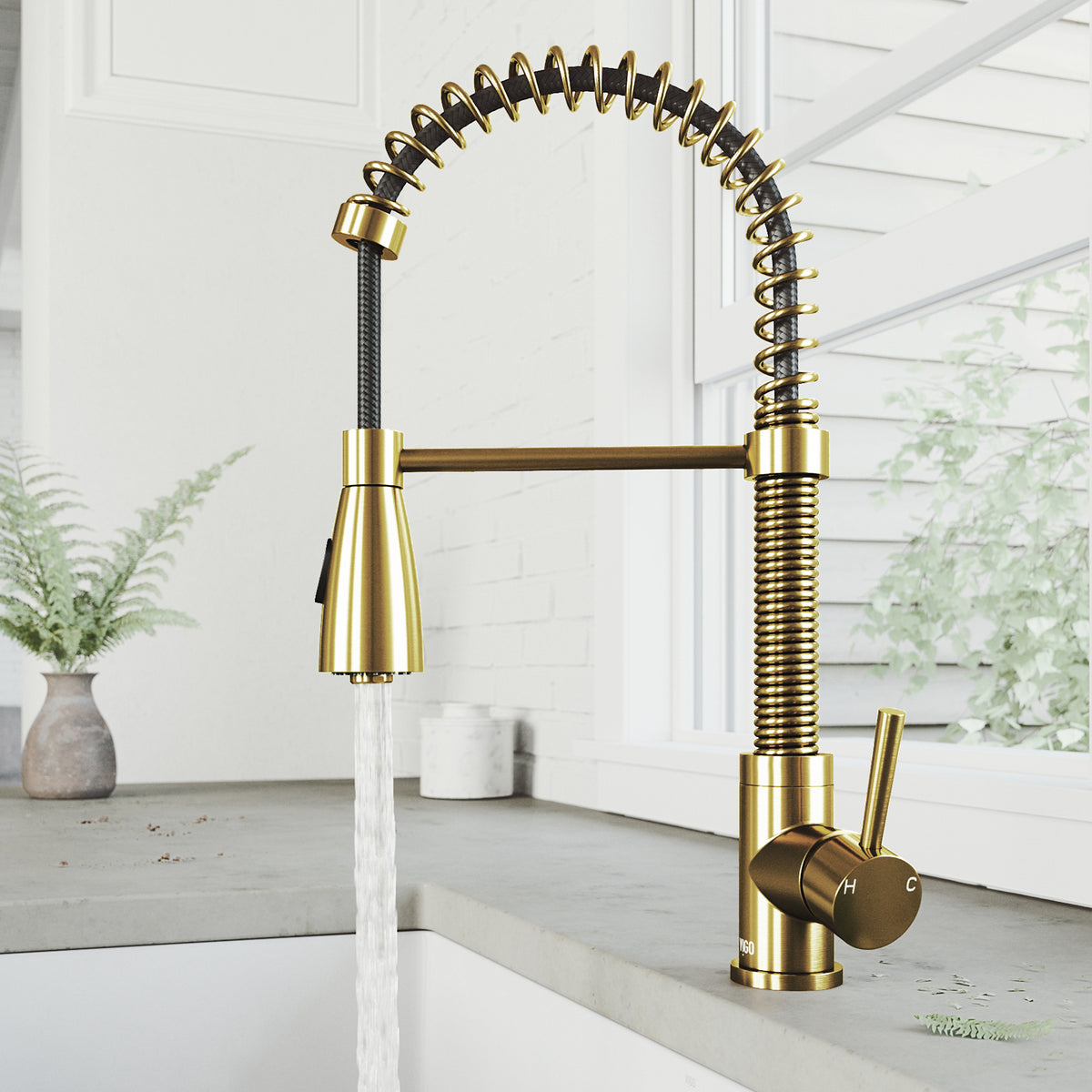 High-arc brass kitchen faucet with lever handle and included supply lines