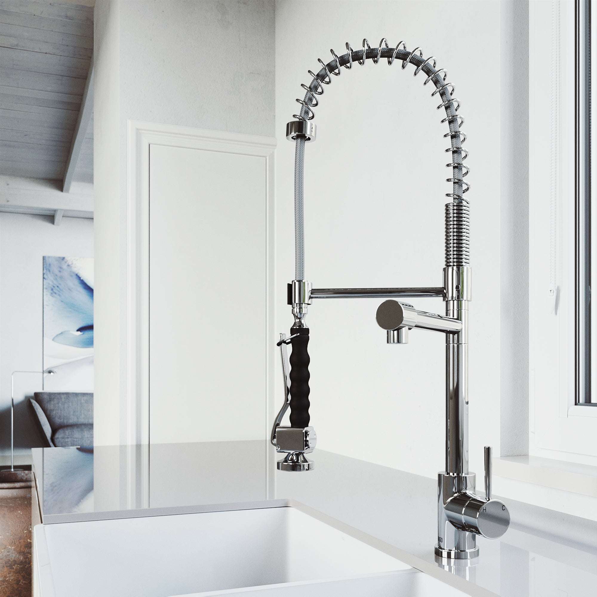 Modern deck-mounted kitchen faucet with ceramic disc cartridge and pull-down spray